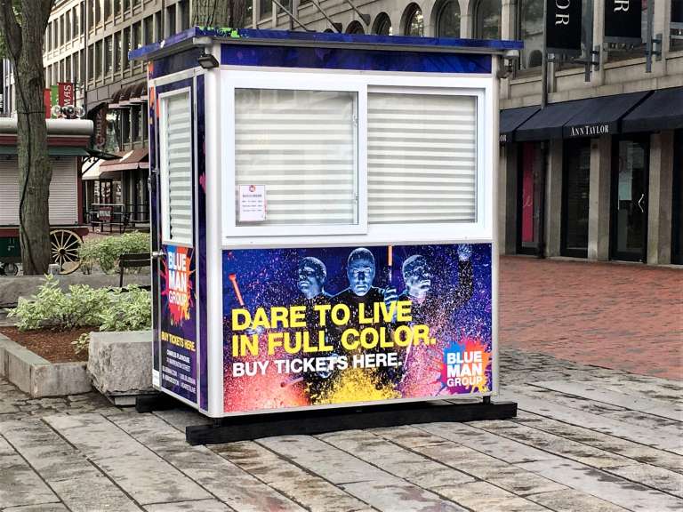 4×6 Ticket Booth in Boston, MA with Blinds, Custom Graphics, Swing Door, and Outside Spotlights