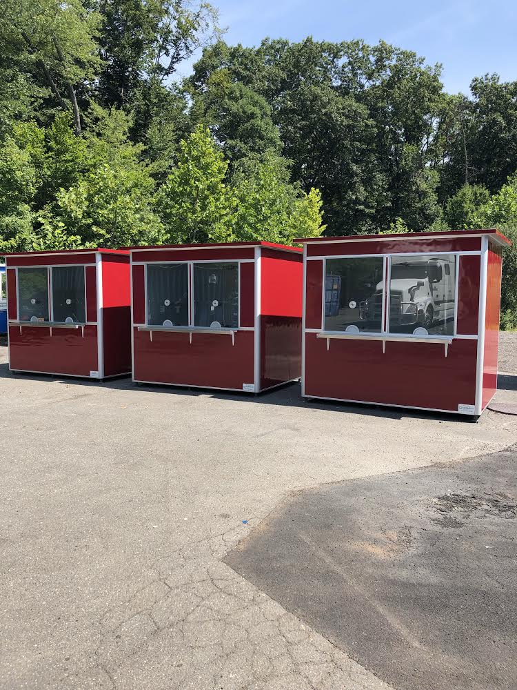 6×8 Ticket Booths in Monroe, WA at State Fair, with Ticket Transaction Windows, Speaker, Exterior Ticket Counter, Custom Exterior Color